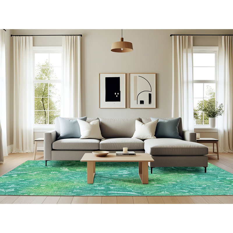 Tapis vert/jaune à motifs, Rectangle 6 pi x 9 pi