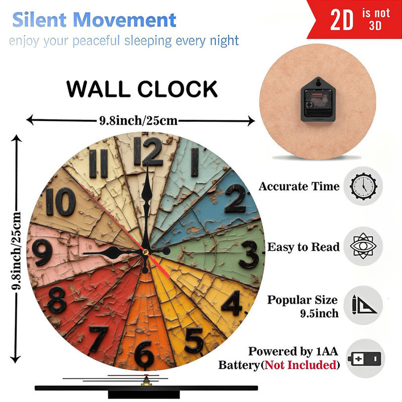 Horloge murale 10 po en MDF rond avec mouvement à quartz silencieux et crochet sans perceuse (piles AA non incluses)