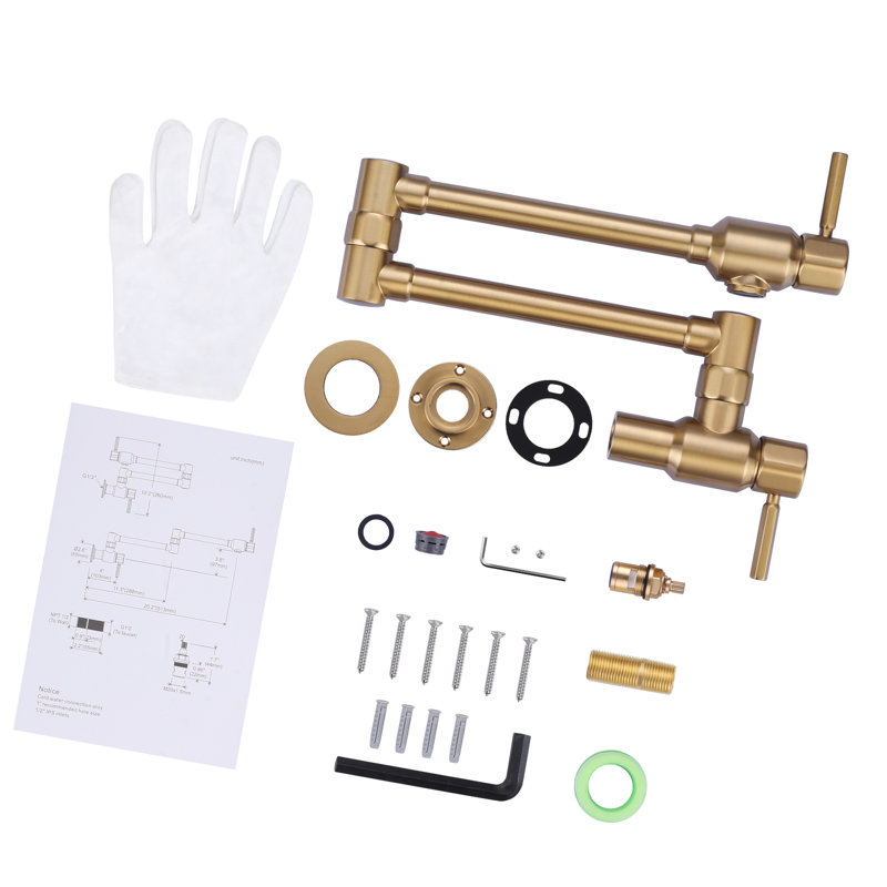 Wall Mounted Floding Pot Filler Kitchen Faucet, Brushed Gold