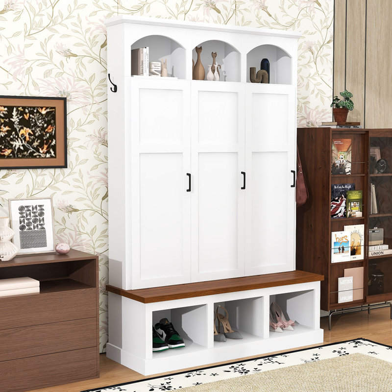 Hall Tree with Bench, 3 Hidden Cabinets and 5 Hooks, White