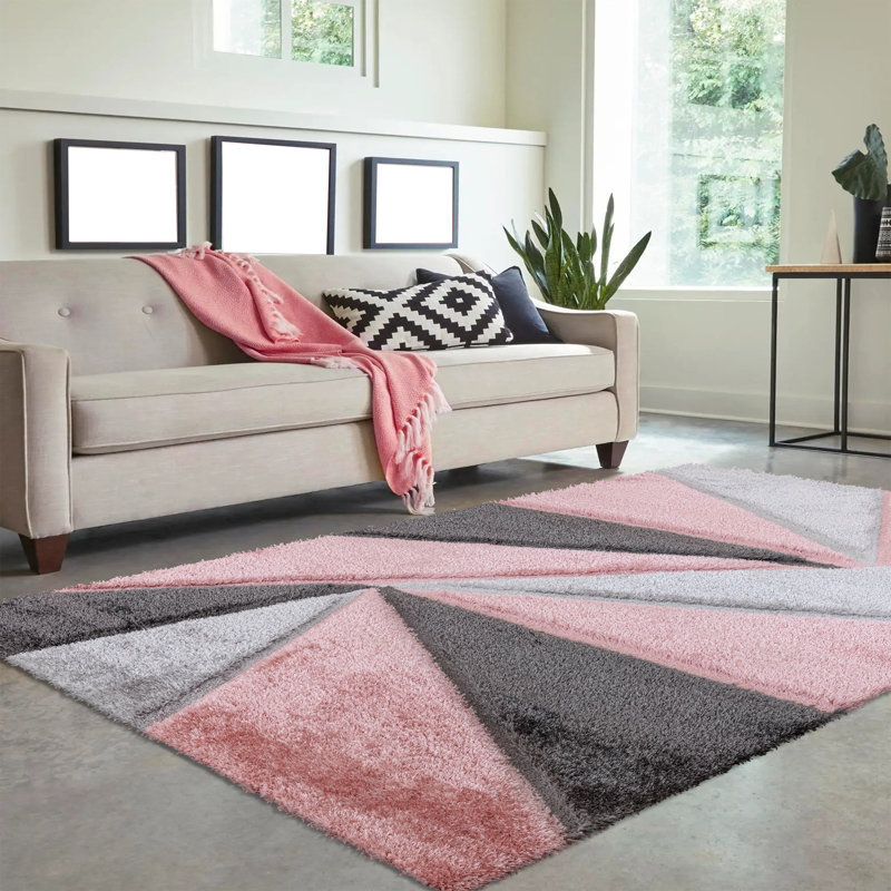 Shaggy Geometric Rug – 100% Polyester Soft Pile Carpet, Colourfast, Water & Soil Repellent, Anti-Static Modern Living Room Rug
