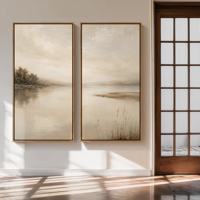 Paysage serein de lac beige neutre – Ensemble de 2 impressions d'art encadrées sur toile 60"x20"x2, 60"x30"x2