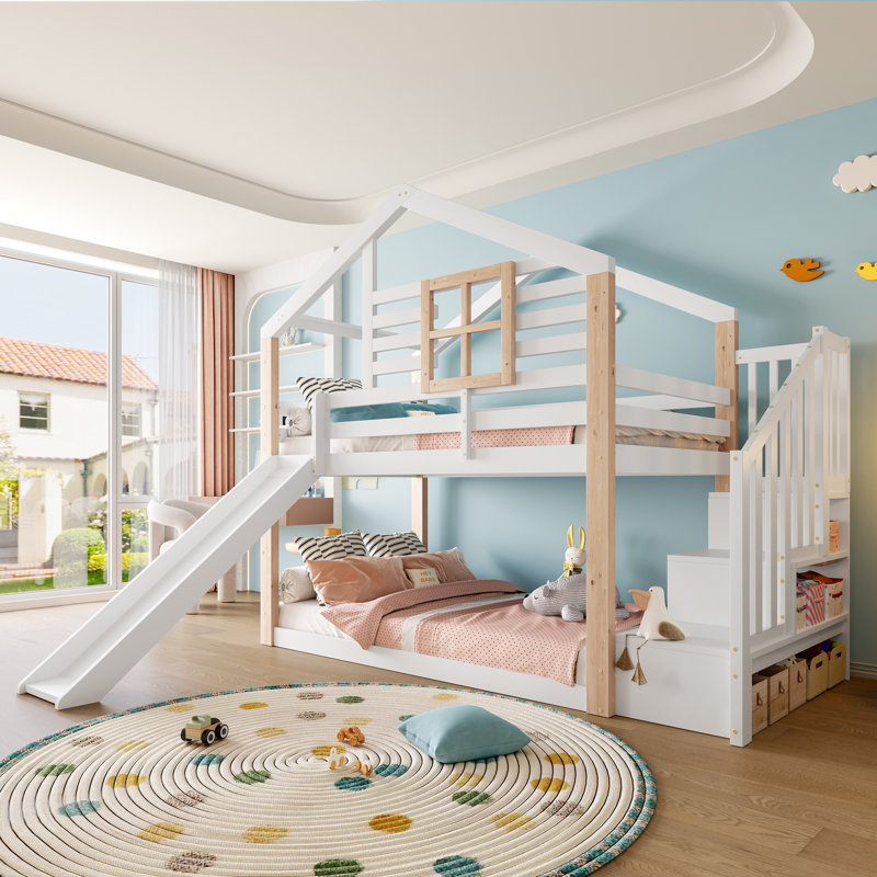 3ft Single House Bunk Bed with Slide & Storage Stair