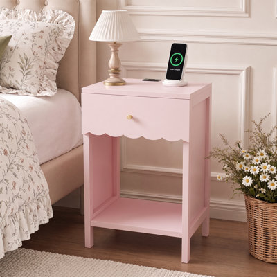Table de chevet avec tiroir et tablette ouverte, table de chevet moderne à bord festonné, table d'appoint en bois pour chambre, meuble de chevet compact