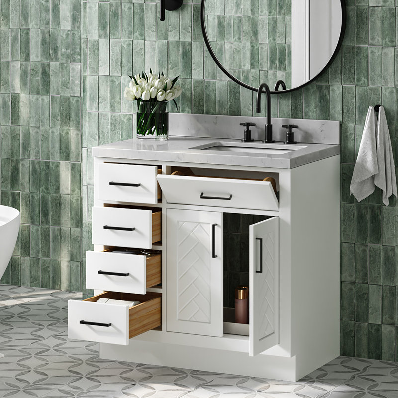 Meuble-lavabo rectangulaire rectangulaire droit décalé à chevrons 36 pouces avec comptoir en quartz blanc Carrara blanc