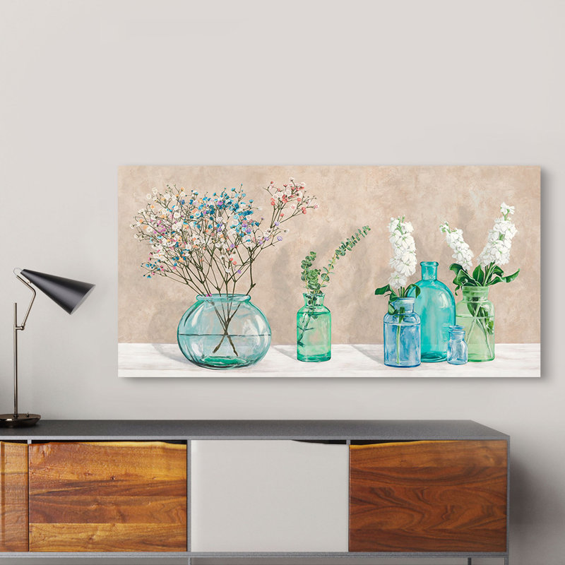 Floral Setting With Glass Vases by Jenny Thomlinson - Wrapped Canvas Painting, 35cm H x 70cm W x 4cm D