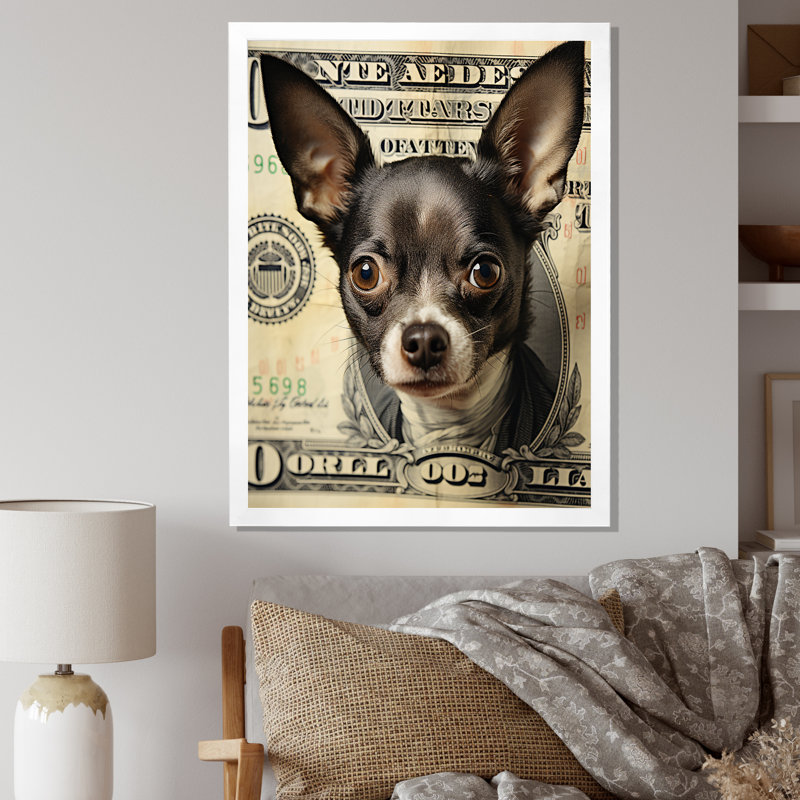 «Little Dog on Dollar Bill» - Impression, H 20 po x l 12 po x P 1 po, Cadre simple blanc