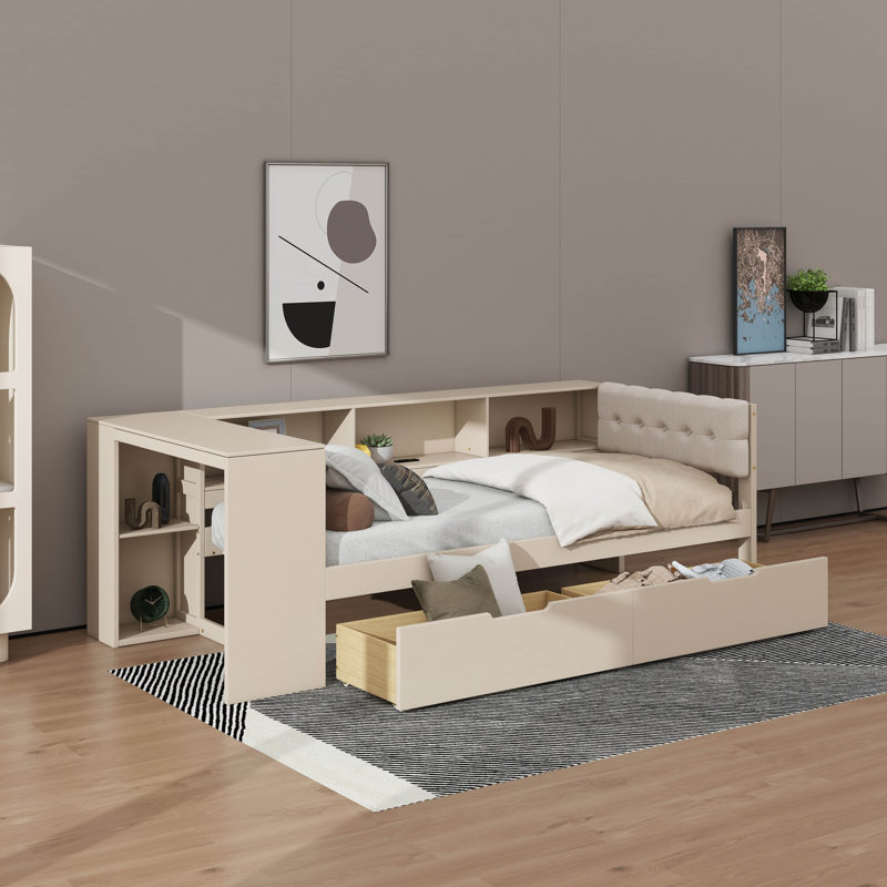 Lit plateforme simple avec tablettes, tiroirs, station de charge et tête de lit tapissier, Simple, Crème, crème
