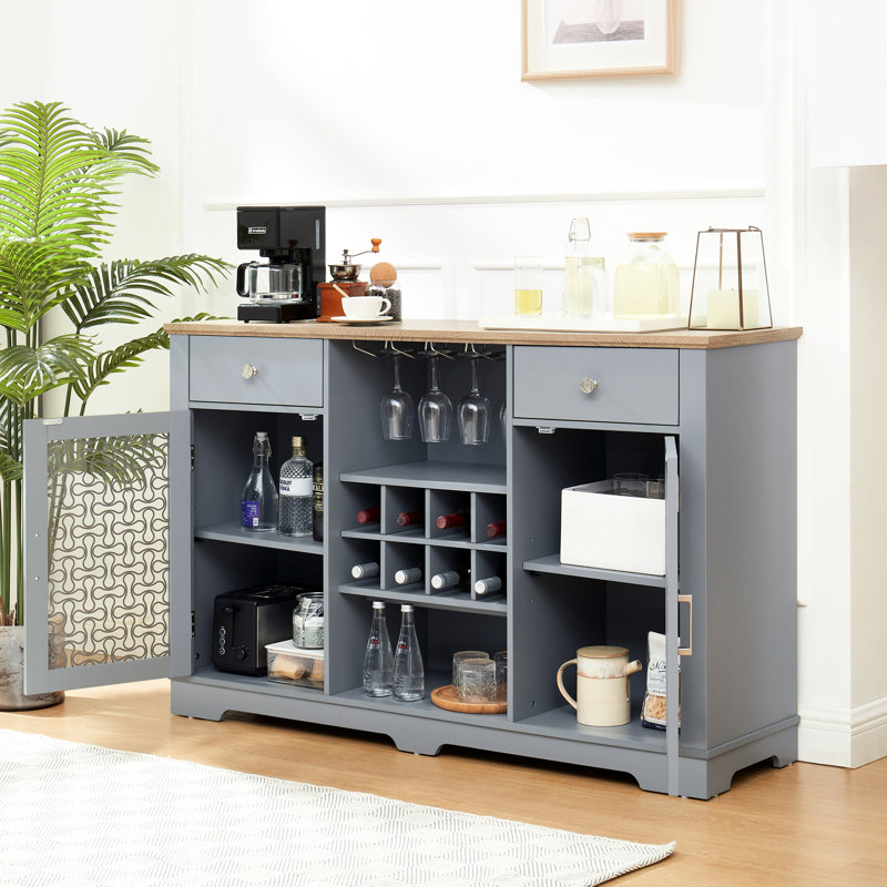Buffet avec 2 tiroirs, support à vin et verre, armoires à portes séduisantes, pour la cuisine, bleu / chêne bleu chêne 4, rangement, salle à manger