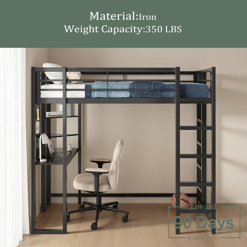 Loft Bed With Desk, Metal Loft Bed Twin Size, Loft Bed Frame With Desk And Storage Compatible With Boys Girls Teens, Black Bedroom Bed Frame