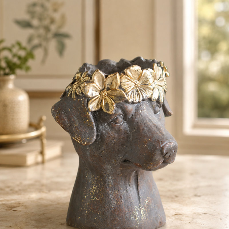 Pot à fleurs statue de chien 13 pouces avec couronne