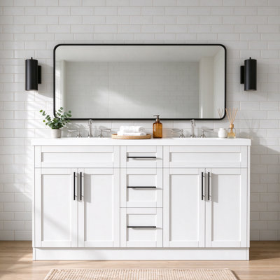 59.3" Freestanding Double-Sink Bathroom Vanity with Integrated SMC Top, White Painted MDF Cabinet, 3 Drawers, 4 Soft-Close Doors, Adjustable Shelves