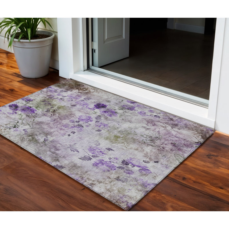 3' X 5' Purple Lavender And Artichoke Green Floral Washable Indoor Outdoor Area Rug