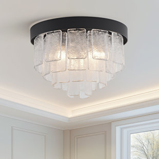 Manon Matte Black 3-Light Tiered Clear Glass Panel Round Flush Mount