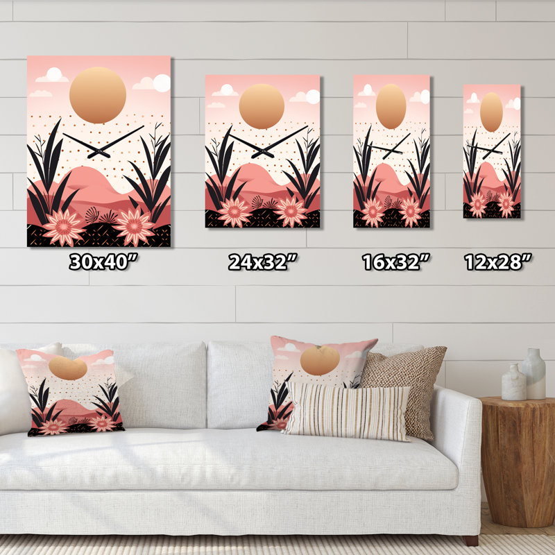 Paysage serein abstrait en pastel rétro I - Horloge murale moderne abstraite, H 28 po x l 12 po x P 1 po