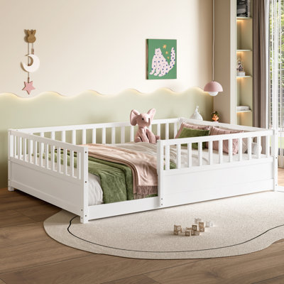Full Size Floor bed, integral construction with super high security barrier, door, children's floor bed frame, Montessori wooden children's floor bed, white