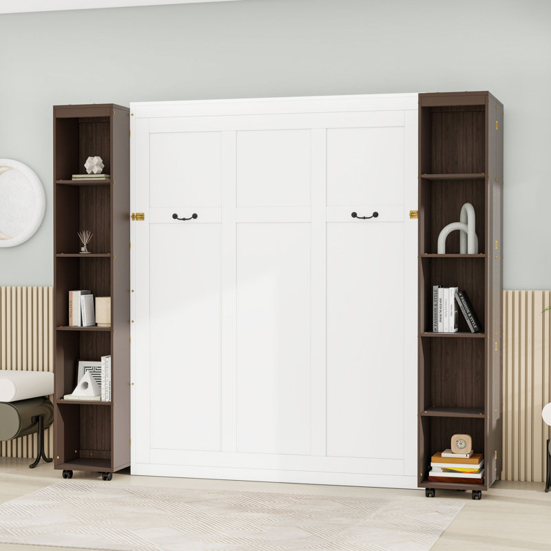 Grand lit escamotable en bois avec tablettes de rangement, Espresso