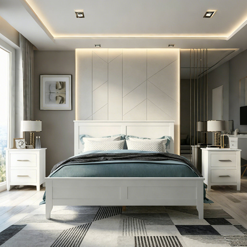 Lit plateforme moderne en bois massif avec support de lattes en bois robuste, aucun sommier requis, Blanc, Grand lit