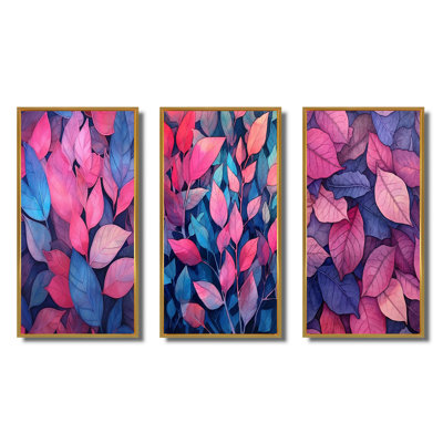«Pink Blue Leafs Harmony», 3 pièces sur toile