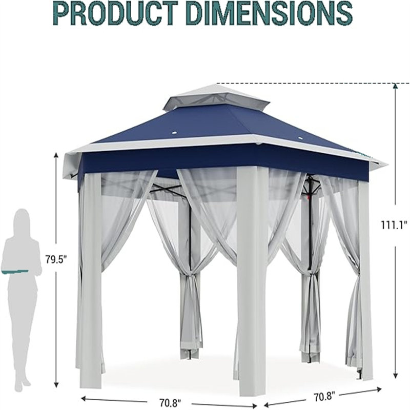 13' X 13' Pop Up Gazebo Hexagonal Outdoor Canopy Shelter Instant Patio Gazebo Tent With Mesh Netting, Blue