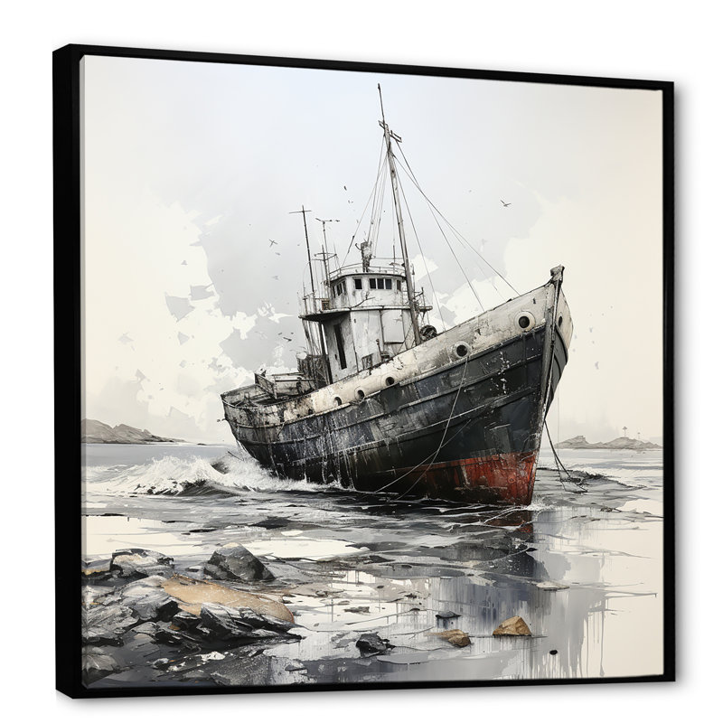 Bateau de pêche bleu et blanc II - art mural nautique et plage, salon, Cadre flottant noir, H 30 po x l 30 po x P 1 po