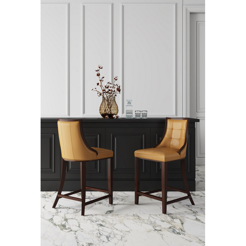 Fifth Avenue Traditional Vegan Leather Upholstered Beech Wood Counter Stool in Camel, Counter Stool (26" Seat Height), Camel