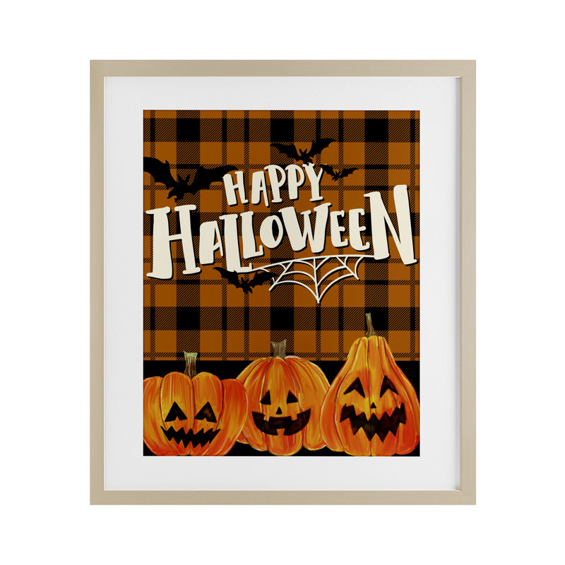 «Halloween Jack-o-Lanterns on Plaid», reproduction d'art sous verre, conception de Kim Allen, H 16 po x l 13 po
