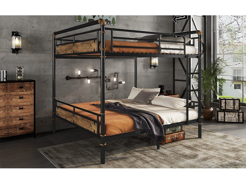 Queen over Queen Metal Bunk Bed, Industrial Detachable Bunkbeds with Safety Guard Rails, Black