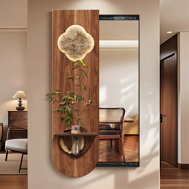 Sliding Full Length Mirror with Landscape Art & Shelf, 2-in-1 Hidden Wall Mirror with Movable Wood Panel for Entryway, Bedroom