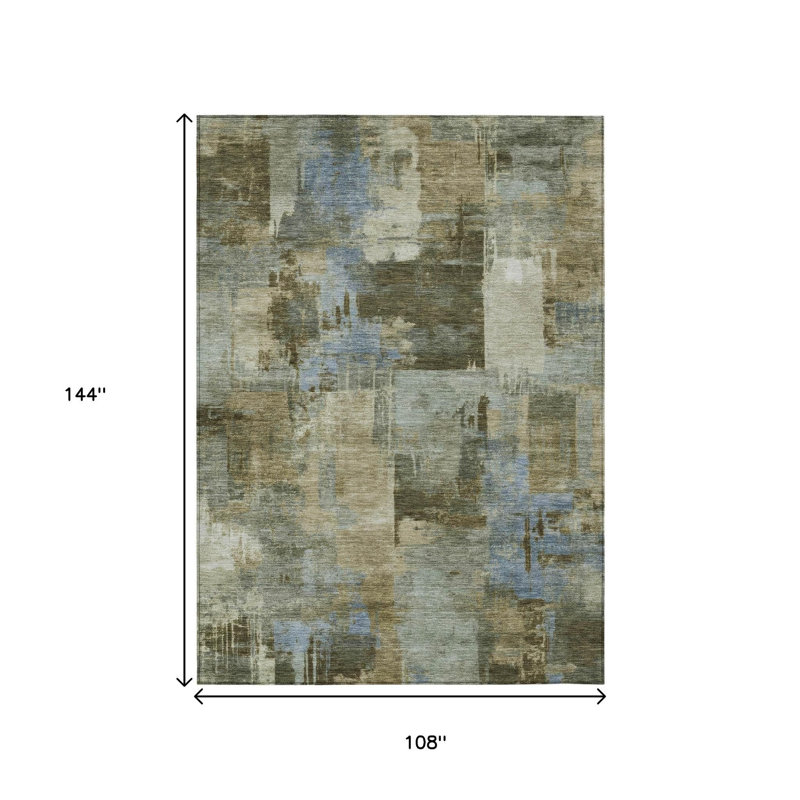 Tapis extérieur lavable abstrait vert 9 pi x 12 pi gris et bleu ciel