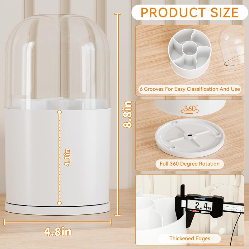 Porte-pinceaux de maquillage rotatif en acrylique blanc avec couvercle, rangement rond et pivotant pour pinceaux cosmétiques, idéal pour coiffeuse et salle de bain.