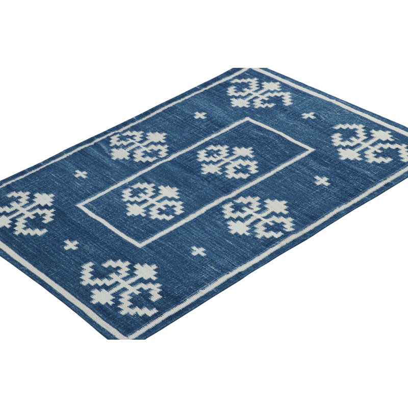 Rug & Kilim’S Contemporary Dhurrie Rug In Blue With White Geometric Medallions
