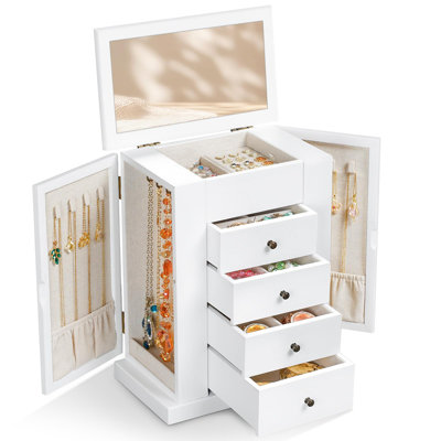 Djerid Jewelry Box, 5 Layer Large Wood Jewelry Boxes For Necklaces Earrings Rings Bracelets, Rustic Wooden Jewelry Organizer Box With 4 Drawers And Mirror