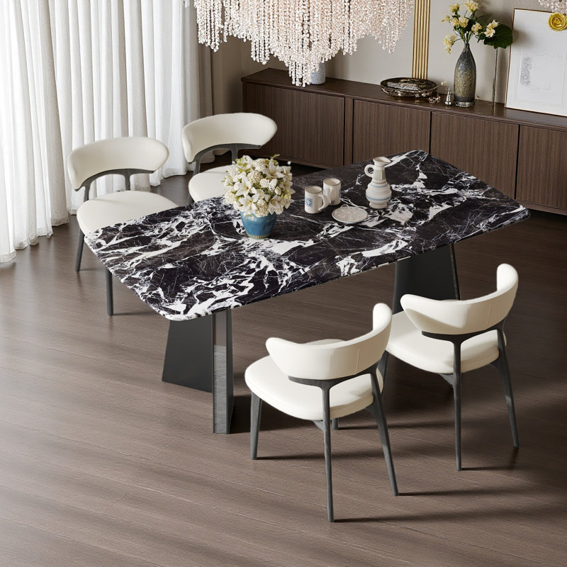 63"Modern Black Marble Dining Table, Rectangular Stone Tabletop with Sculptural Pedestal Base, Luxury Contemporary Dining Table for 4-6, Living& Dining Room