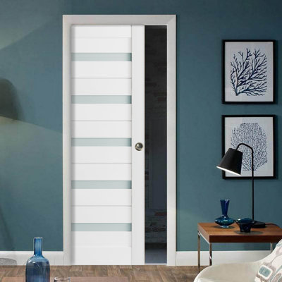 Pocket Door with Frosted Glass Quadro 4445 White Silk Kit Trims Rail Hardware Solid Wood Interior Bedroom Sturdy Doors-36" x 84"