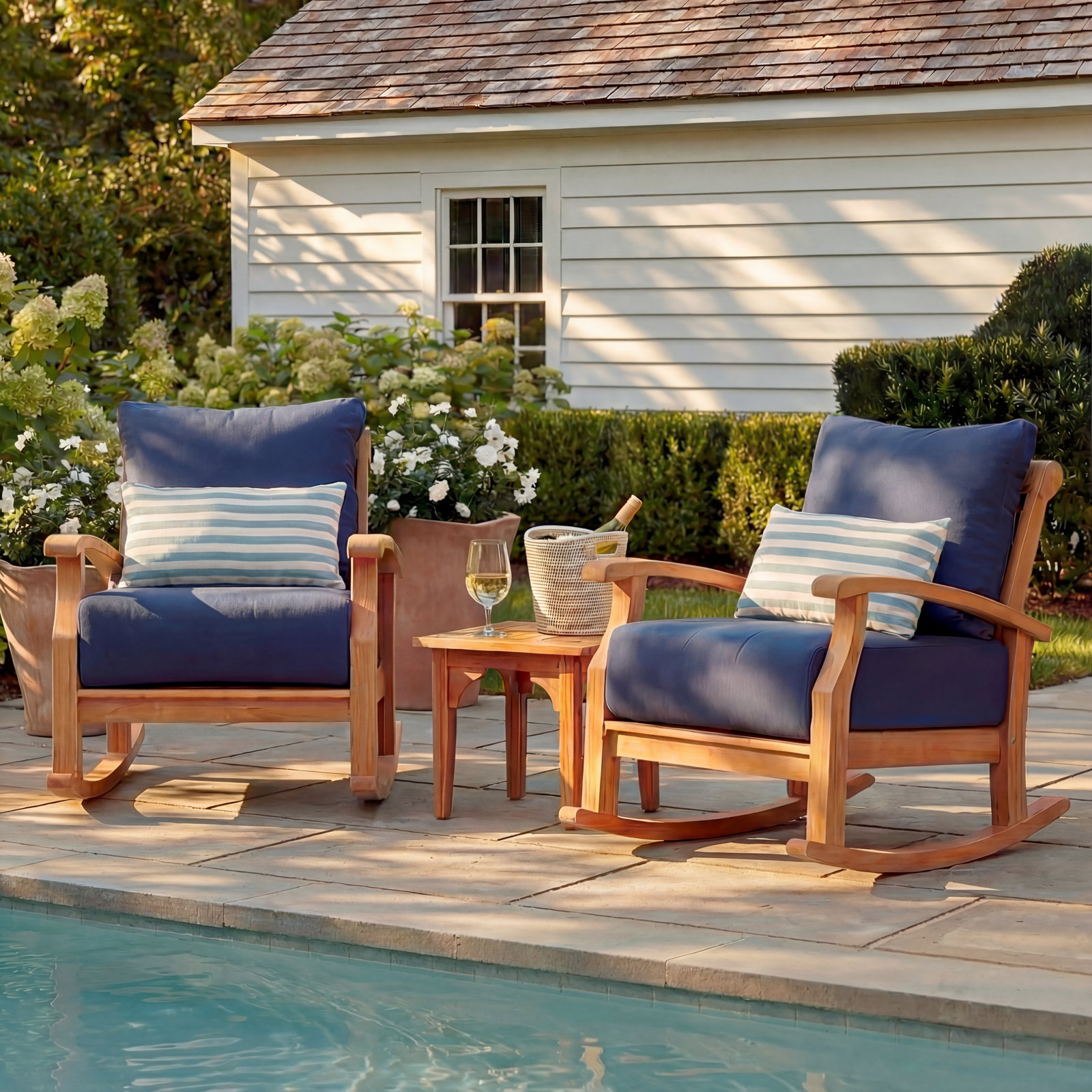 Summerton Teak Outdoor Rocking Chair with Cushions, Navy Performance Olefin, Natural