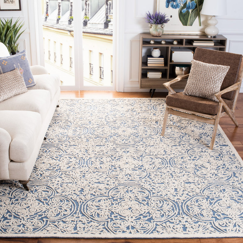 Marys Trace Hand Tufted Wool And Cotton With Latex Floral Rug, Rectangle 4' x 6', Blue