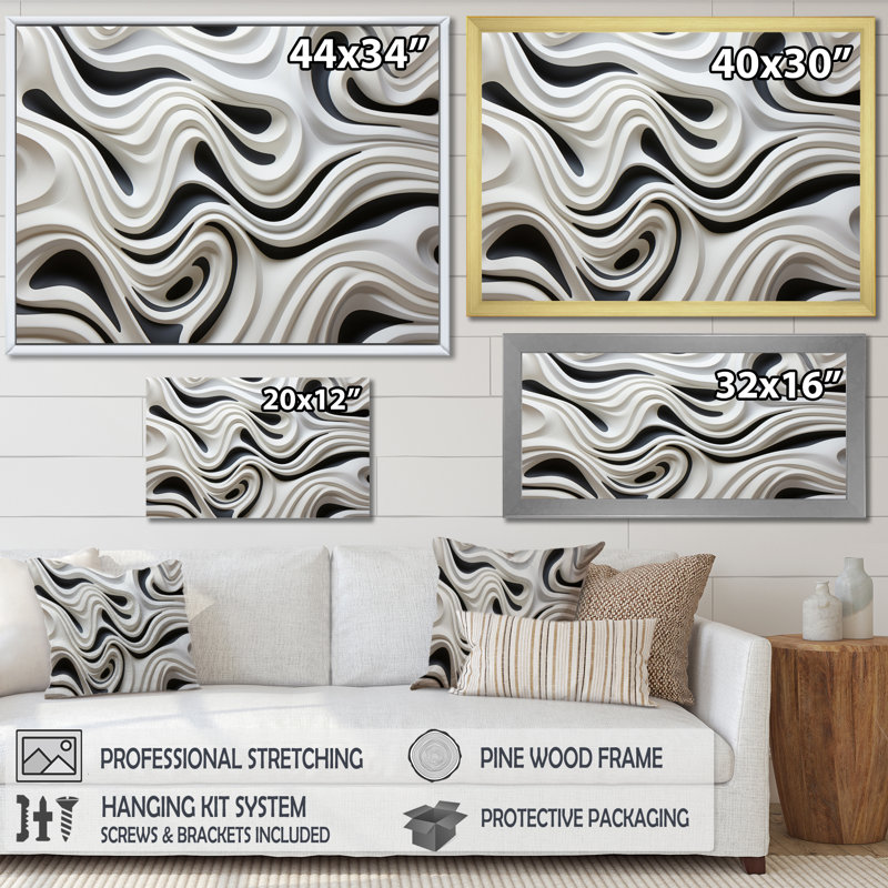 «Black White Opt Optic Symphony I», reproduction sur toile, Cadre flottant doré, H 16 po x l 32 po x P 1 po