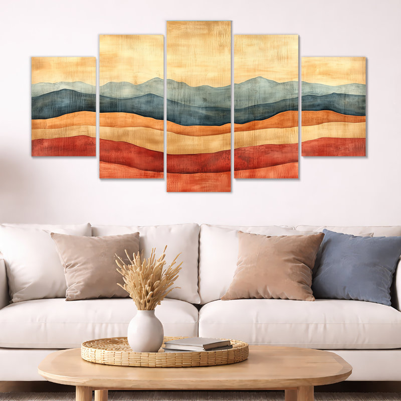 Rouille, art mural abstrait terre cuite, horizon du désert en rouille et argile 5 pièces