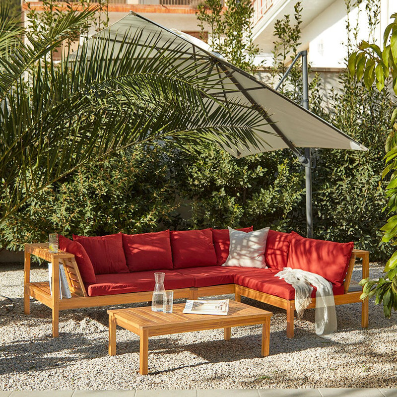Collinward 5 - Person Seating Group with Red Cushions and Cream LED Parasol