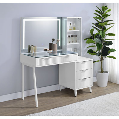 Souza 5-Drawer Makeup Vanity Table With LED Mirror White High Gloss