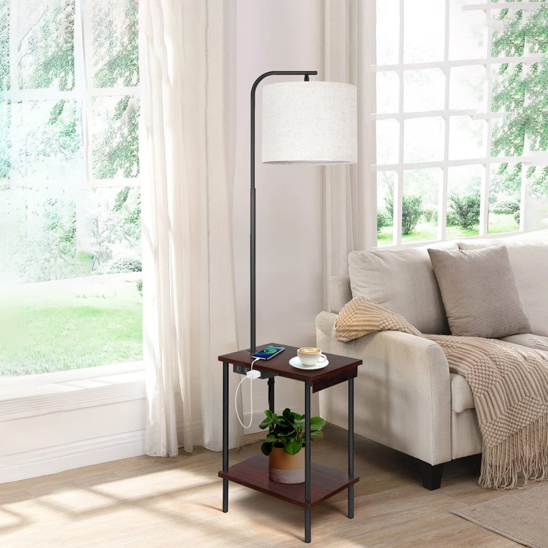 Zulfa 62" Dimmable Table Floor Lamp with USB & Type-C Port, End Table with Lamp for Living Room, Walnut