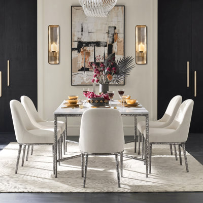  Ensemble de salle à manger 7 pièces Rivet avec table aspect marbre et chaises rembourrées en fer martelé