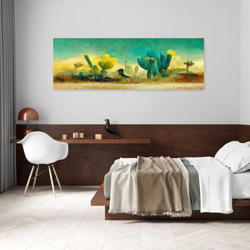 Paysage désertique abstrait coloré, cactus vibrant, paysage, nature, art mural, H 20 po x l 60 po