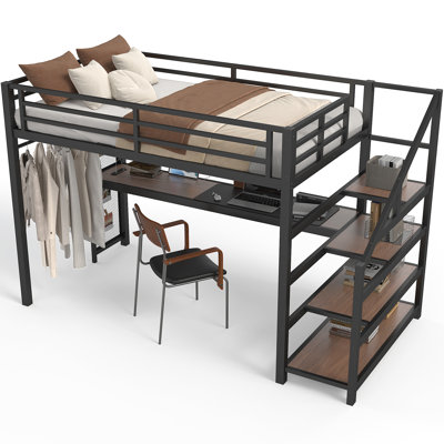 Black Twin Xl Loft Bed With Built - In Desk, Storage Stairs, Led Lighting, Ports, Iron Nets, Stable And Quiet, Metal Storage, Lights, Charging Frame, Noise ,