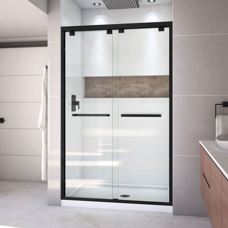 Encore 78.75" H Semi-frameless Sliding Shower Enclosure, Matte Black/White, Center