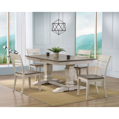 Conesha 5 - Piece Extendable Double Pedestal Solid Wood Dining Set in White and Grey