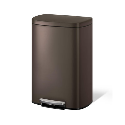 13 gal / 50 L Metal Kitchen Trash Can with Lid, Large Rustproof Garbage Can for Kitchen, Step-on Trash Bin with Inner Bucket, Rear Handle, Soft Close Lid, Brown