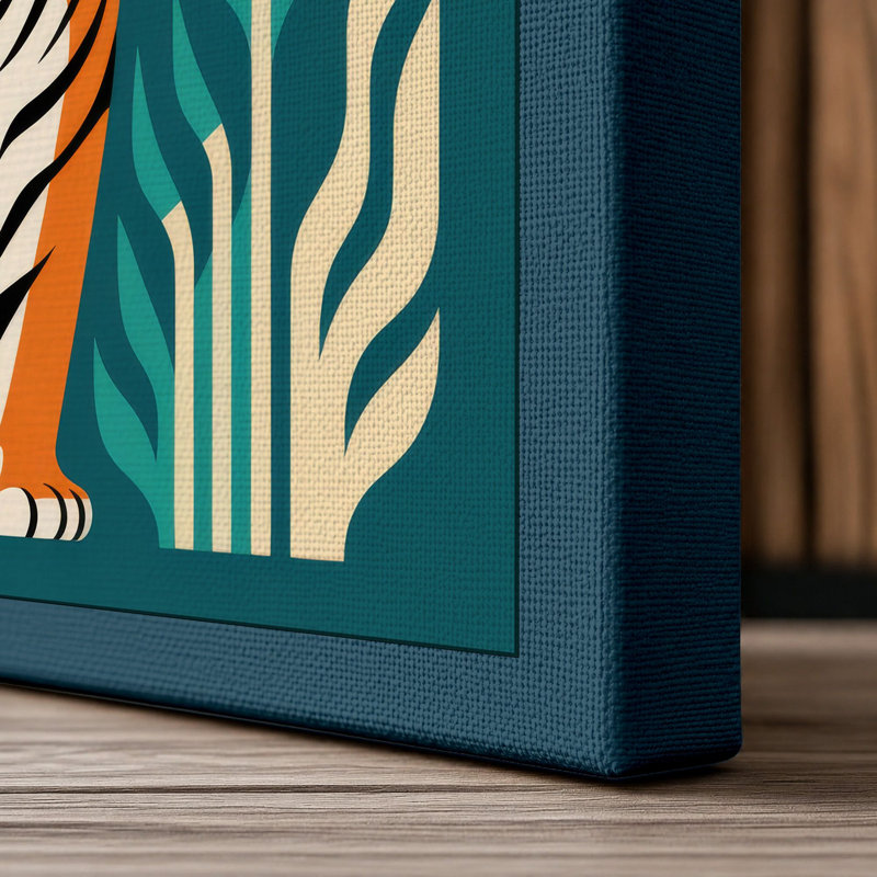 Tiger in Symmetry Art Deco - Wrapped Canvas, 30x20 - 76.2 x 50.8 cm, Teal Border