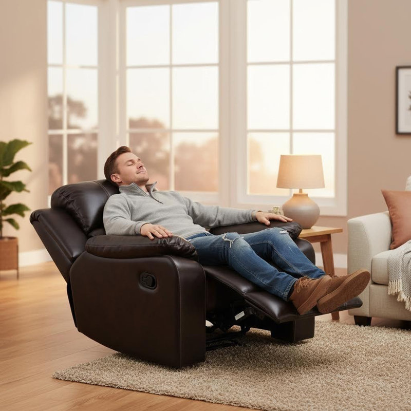Brown Breathable Leather Manual Recliner Chair, Solid Wood Frame, Double Springs, High-Density Foam For Living Room